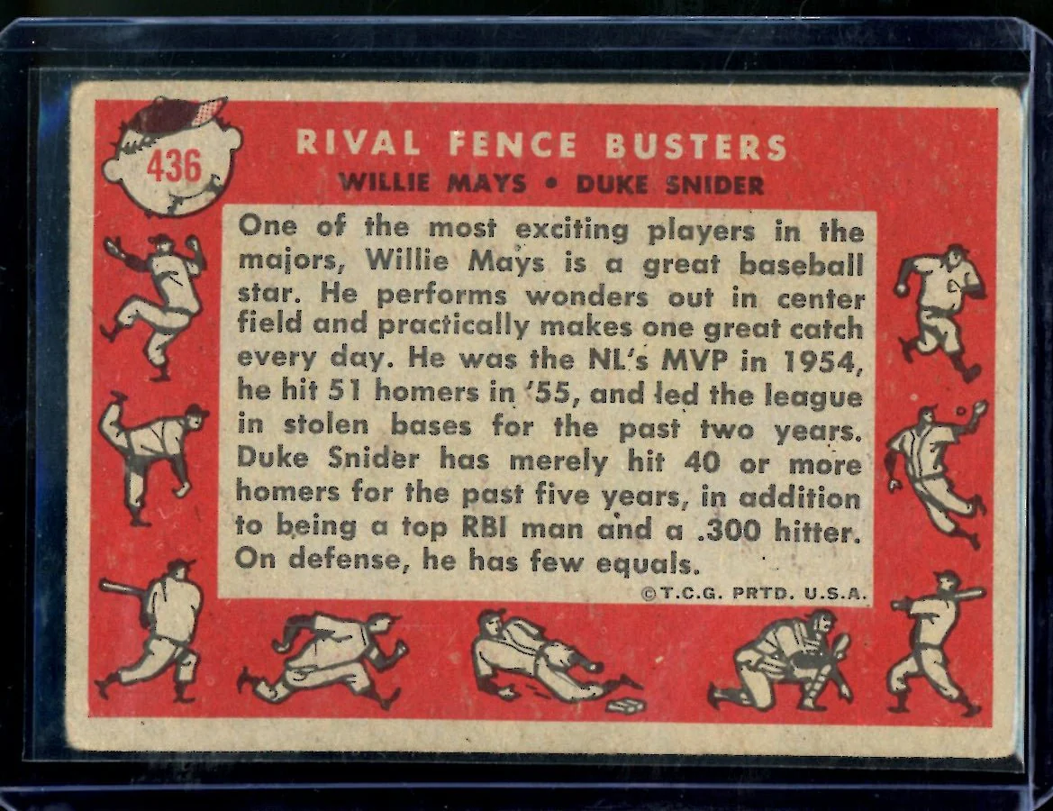 1958 Topps Willie Mays/Duke Snider Rival Fence Busters #436 - Image 2