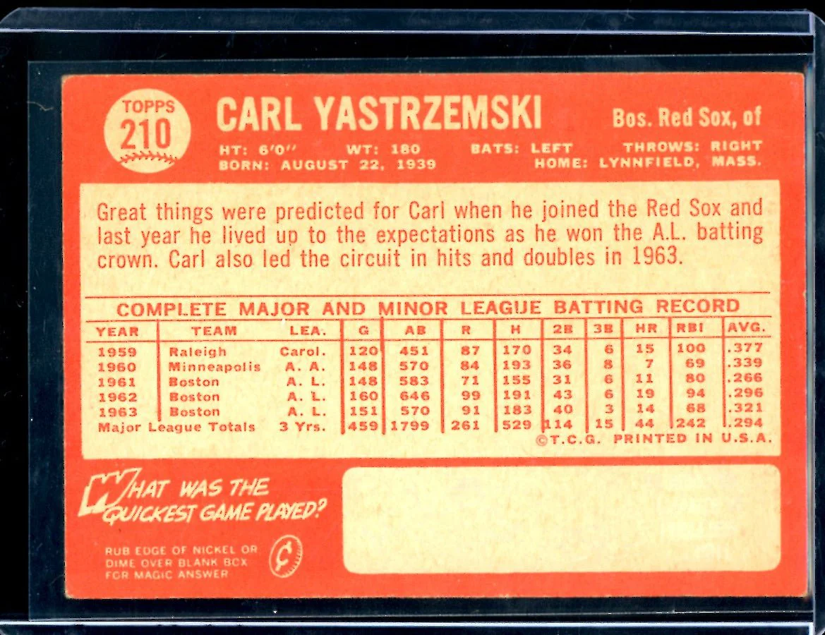 1964 Topps Carl Yastrzemski #210 Red Sox - Image 2