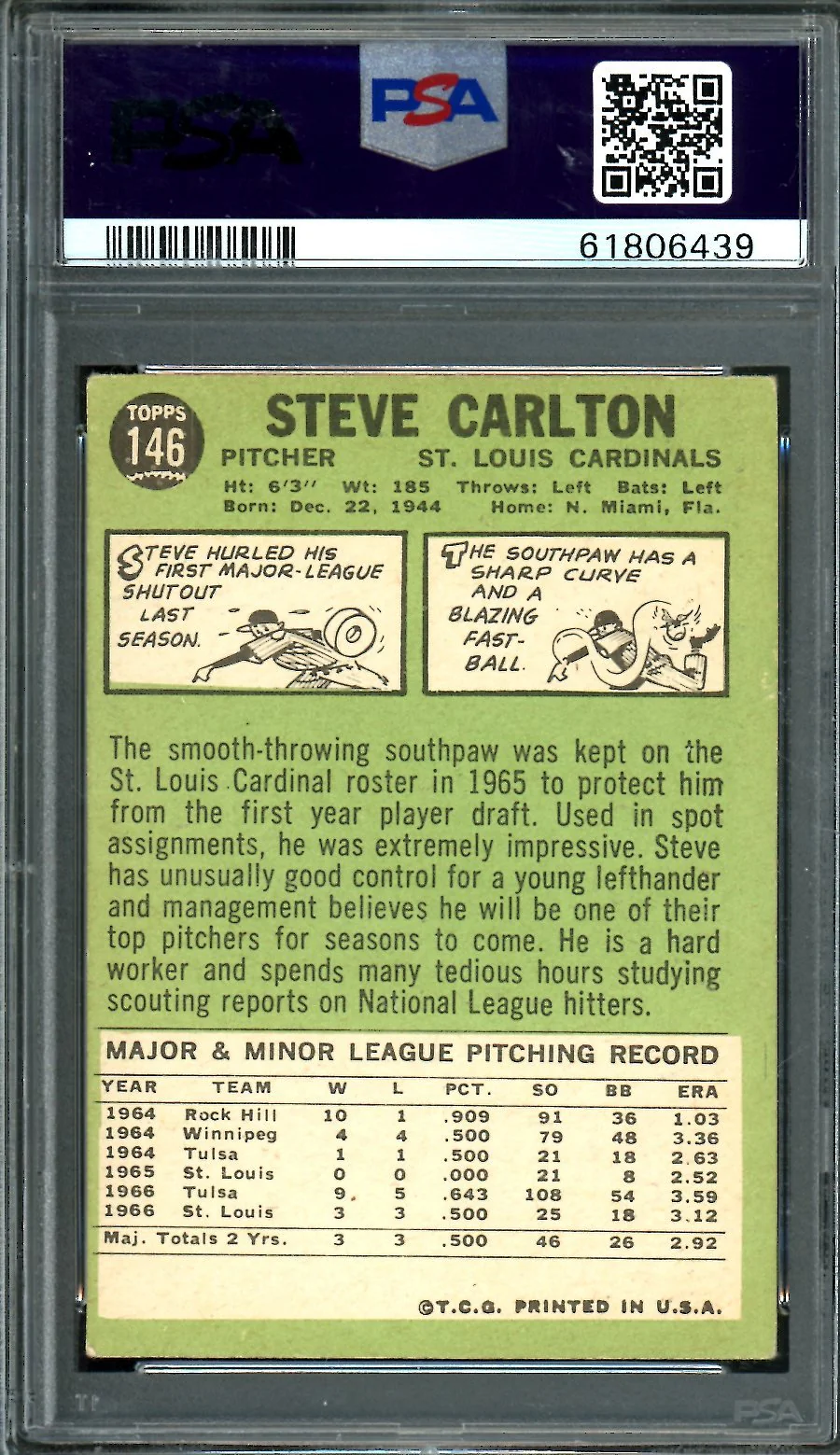 1967 Topps Steve Carlton PSA 3 Cardinals - Image 2