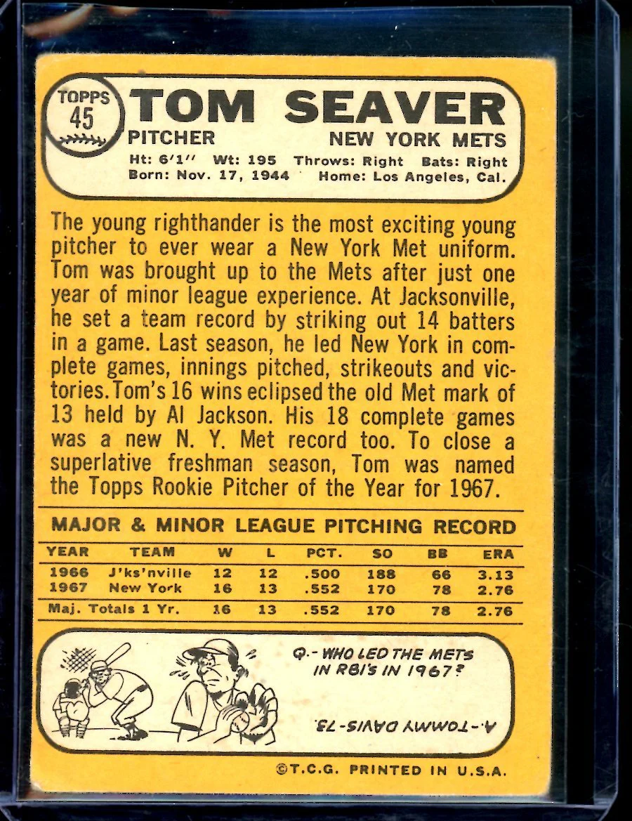 1968 Topps Tom Seaver #45 Mets - Image 2
