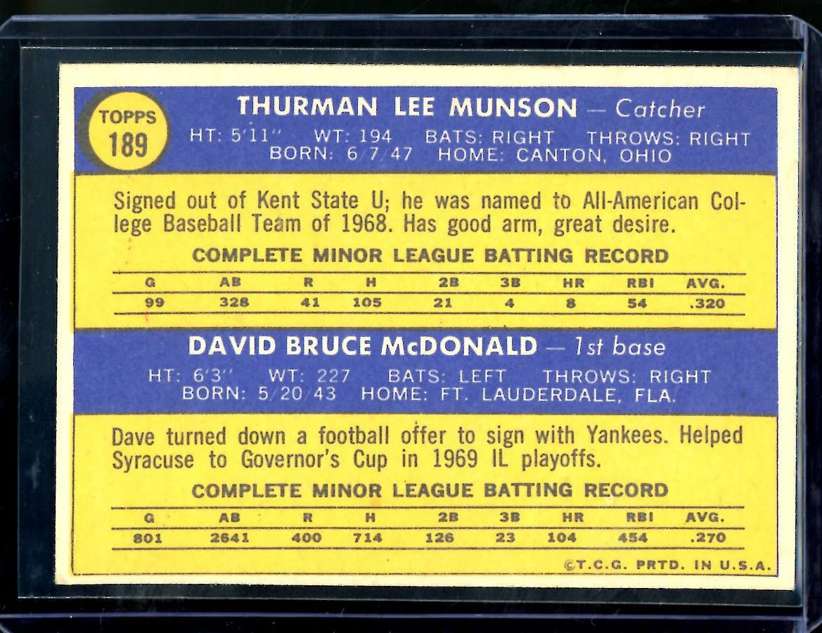 1970 Topps Thurman Munson/Dave McDonald Rookie Stars #189 Yankees - Image 2