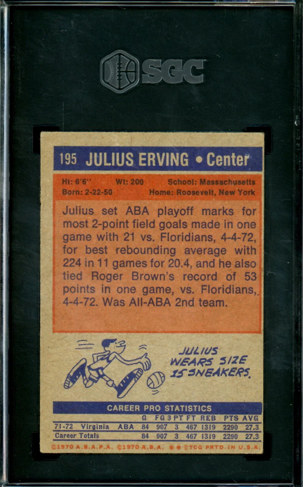 1972-73 Topps Julius Erving Rookie SGC 3 Squires - Image 2