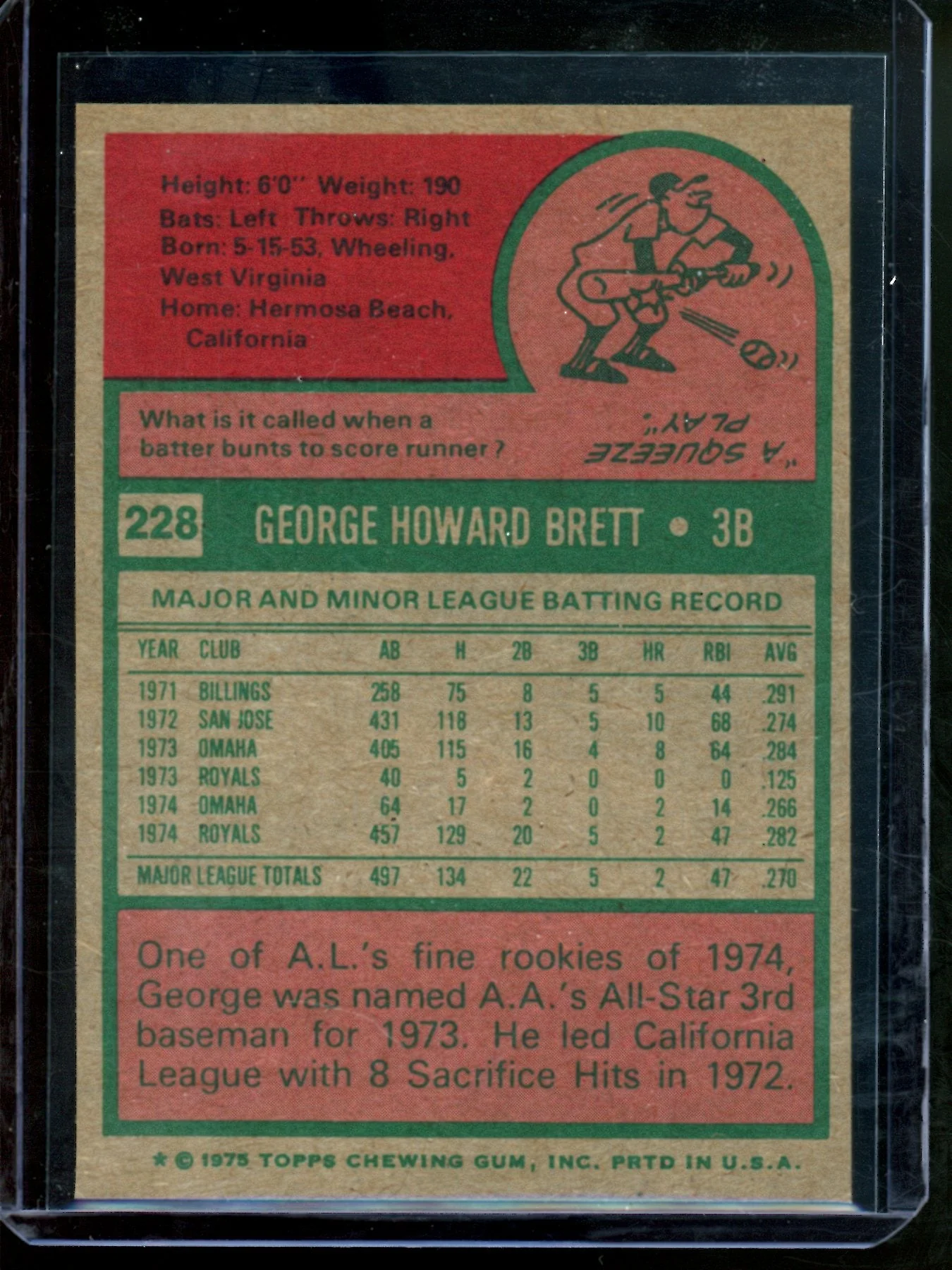 1975 Topps George Brett Rookie Card #228 NM-MT Royals - Image 2