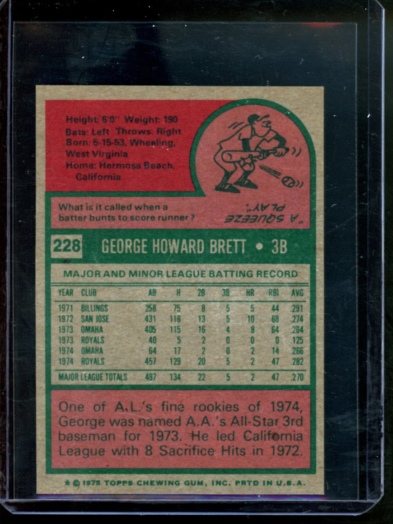 1975 Topps Mini George Brett Rookie Card #228 NM-MT Royals - Image 2