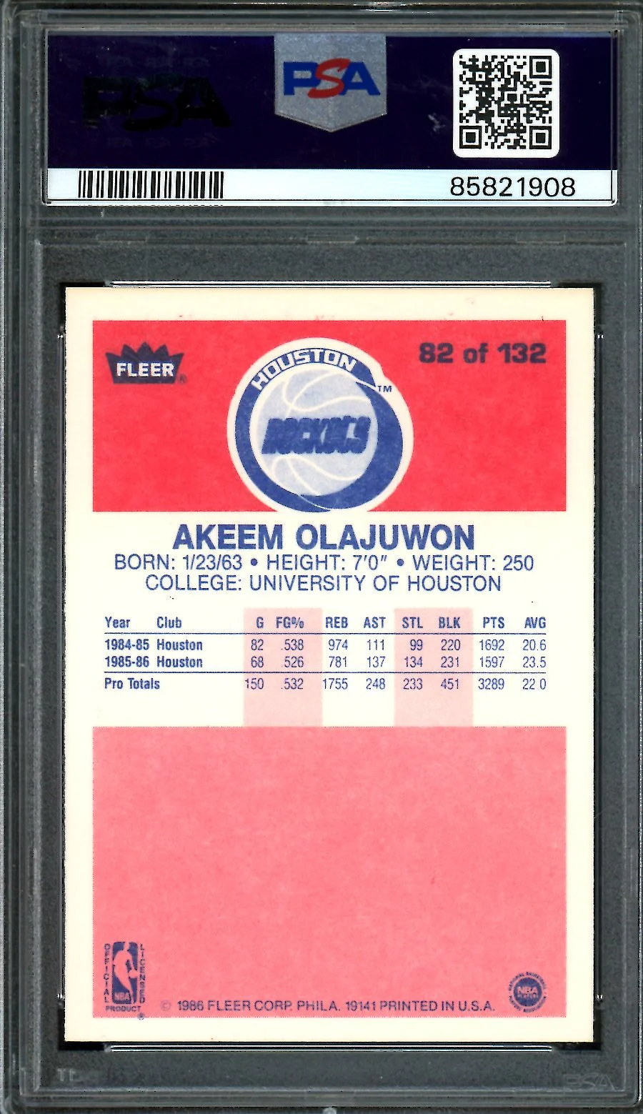 1986 Fleer Akeem Olajuwon PSA 8 Rockets - Image 2