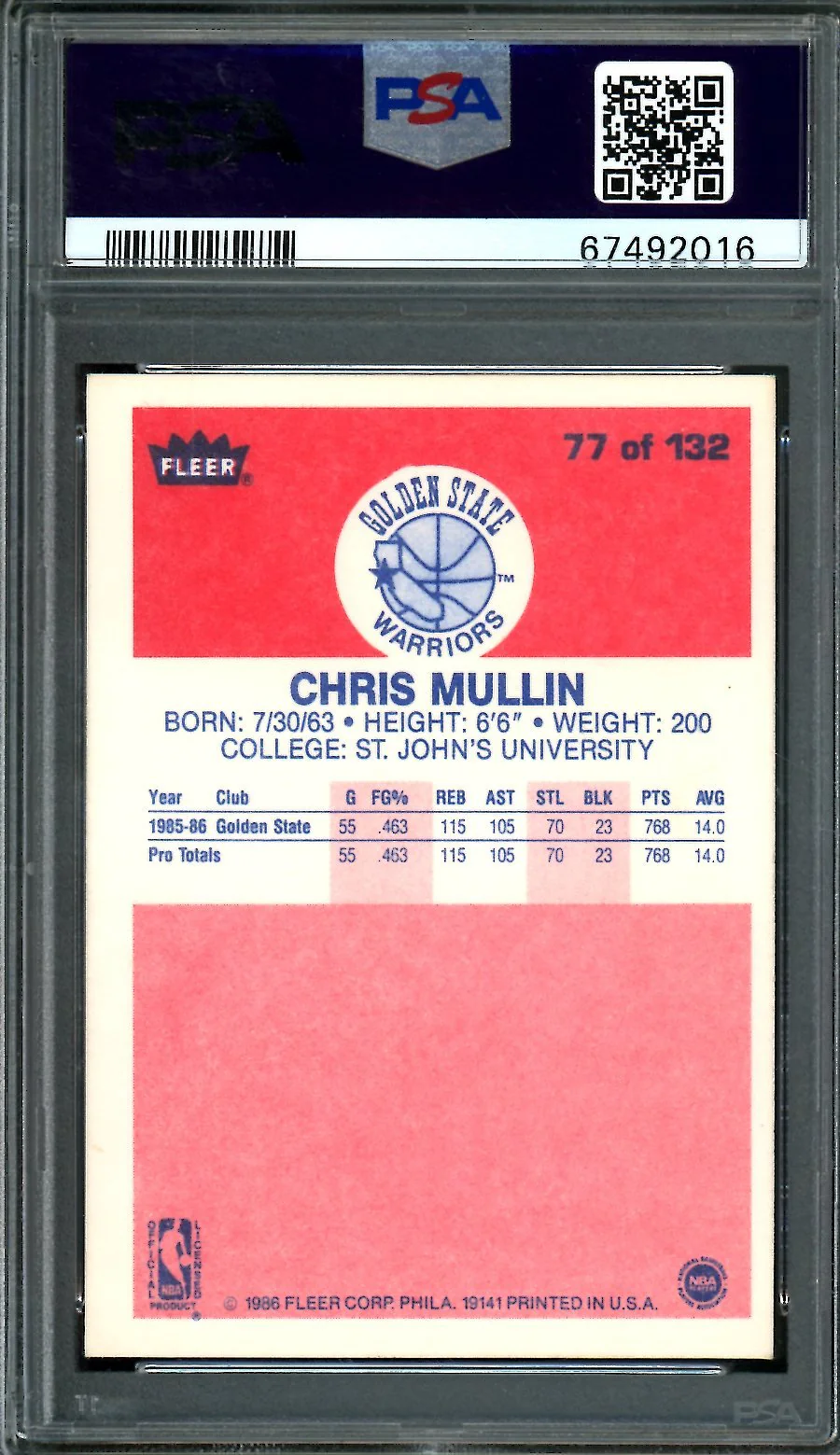 1986 Fleer Chris Mullin PSA 6 Warriors - Image 2