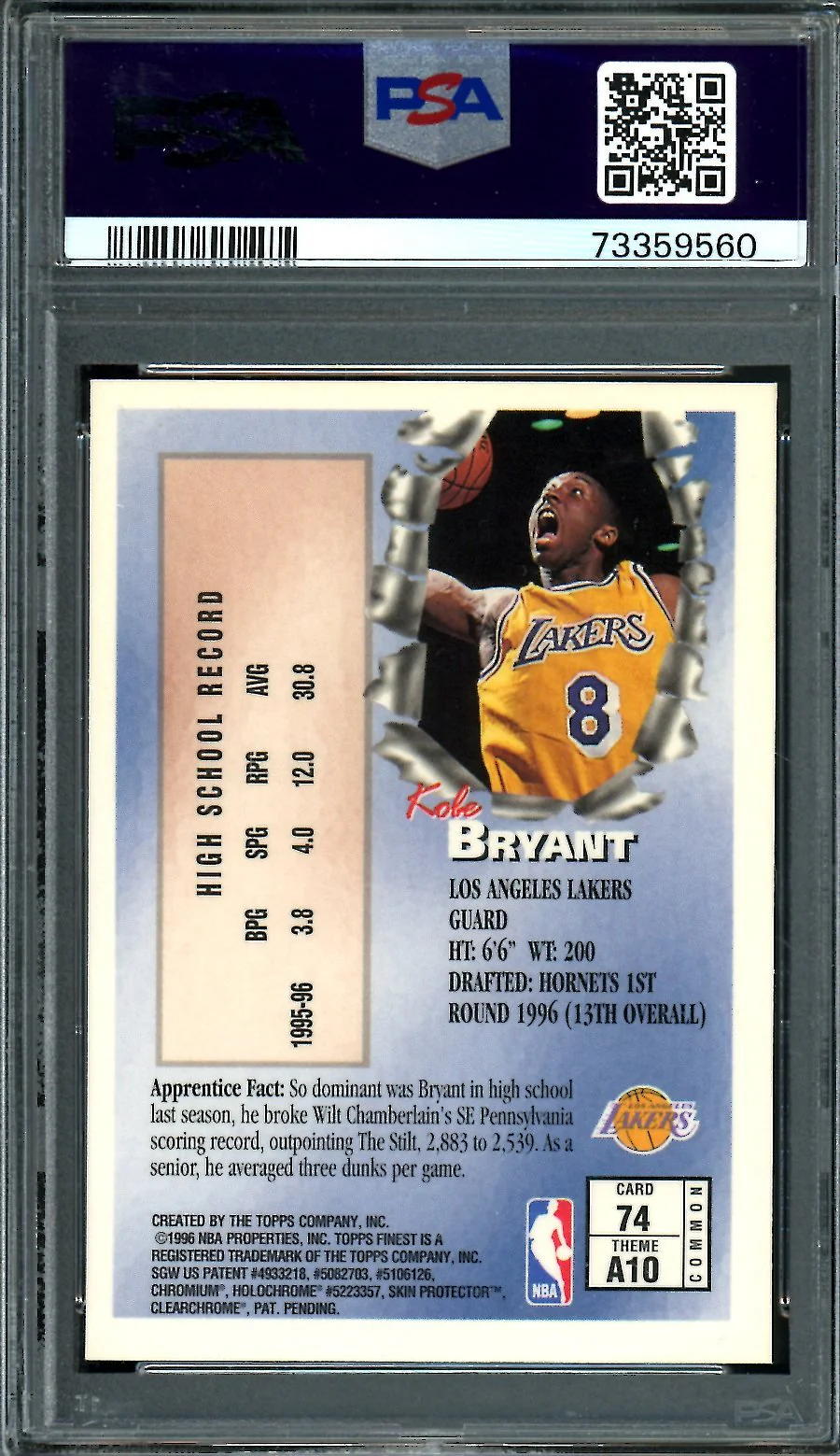 1996/97 Topps Finest Kobe Bryant Rookie w/ Coating PSA 8 Lakers - Image 2