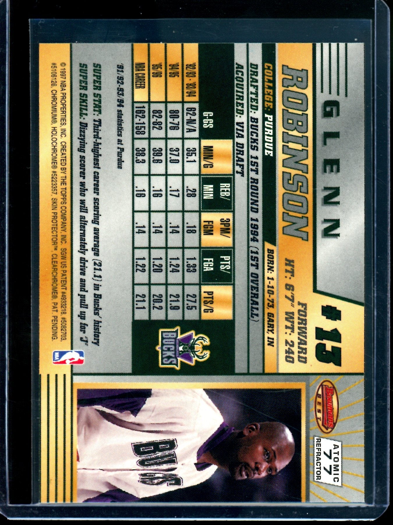 1997 Bowmans Best Glenn Robinson Atomic Refractor #77 Bucks - Image 2
