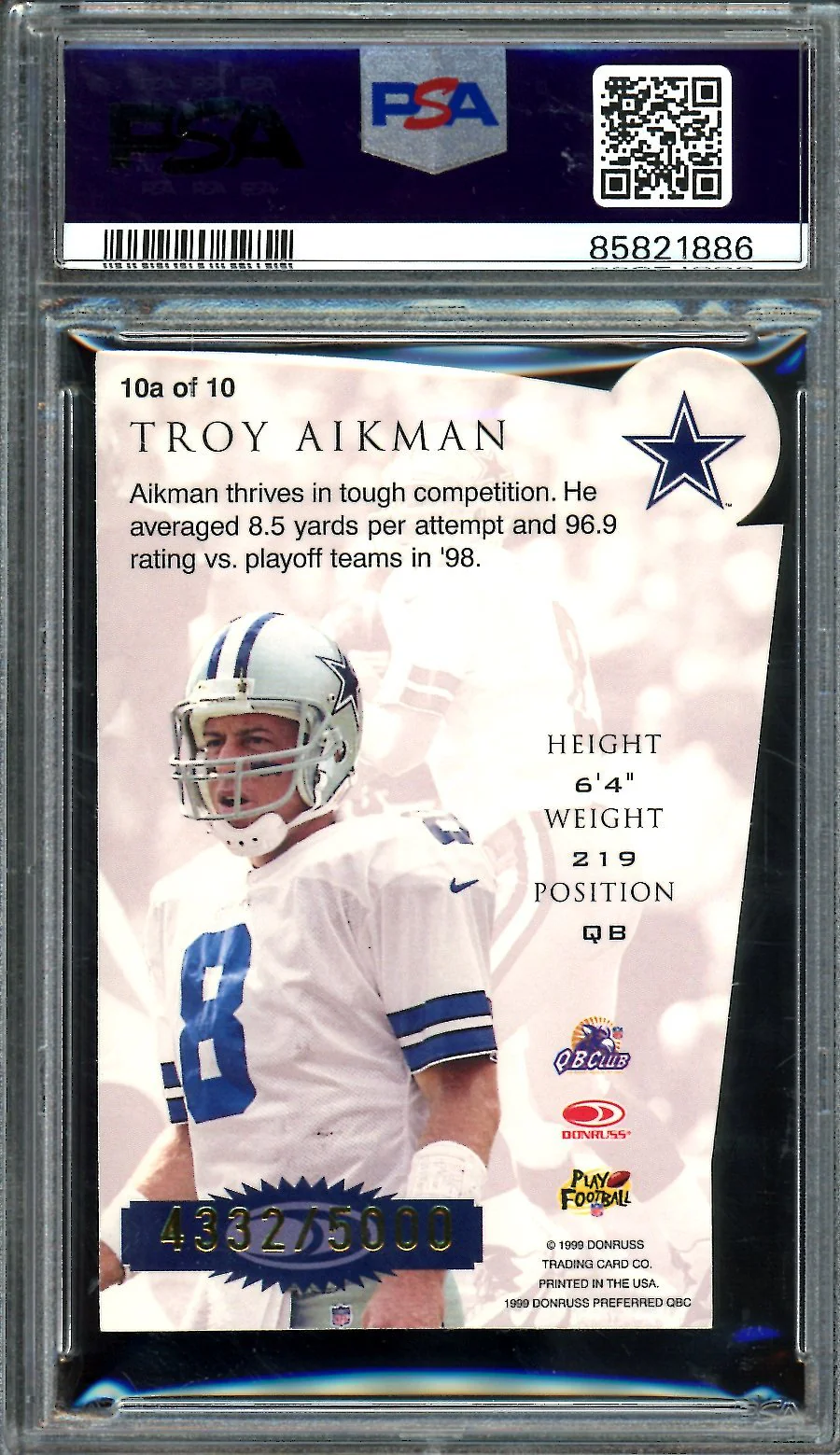 1999 Donruss Preferred Troy Aikman Chain Reaction /5000 PSA 9 Cowboys - Image 2