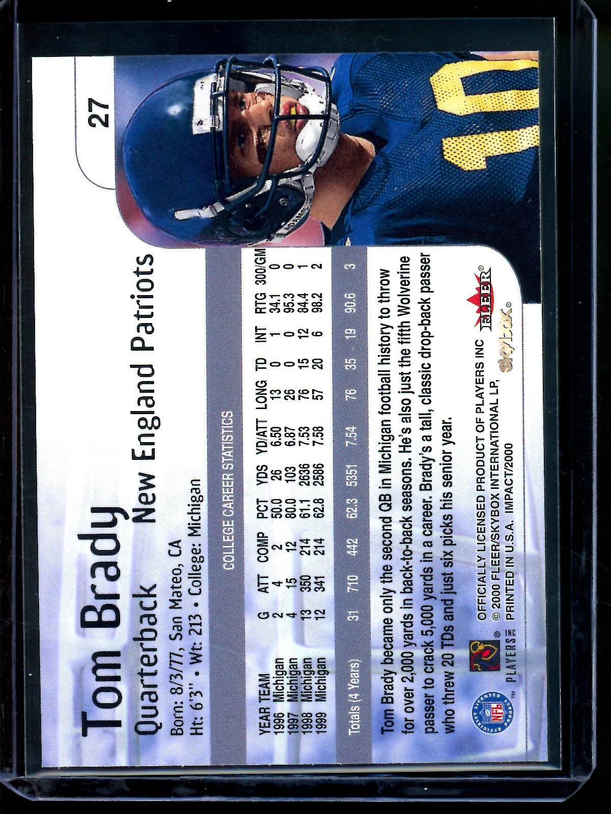 2000 Fleer Impact Tom Brady Rookie Card Patriots - Image 2