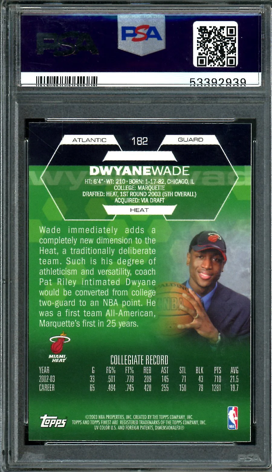 2002 Topps Finest Dwayne Wade Rookie PSA 9 Heat - Image 2