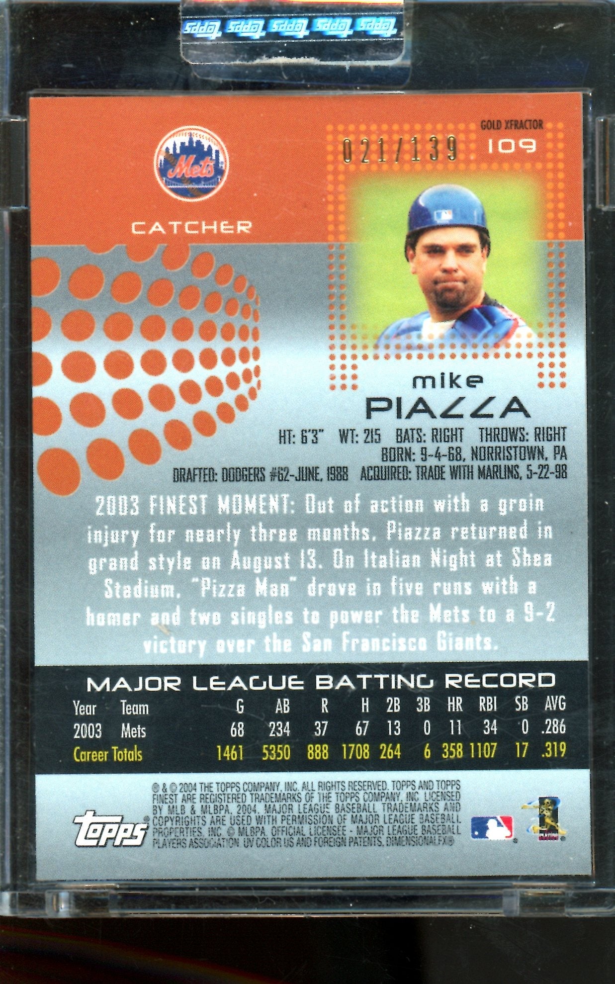 2004 Topps Finest Mike Piazza Gold X-Fractor Relic Jersey /139 Uncirculated Mets - Image 2