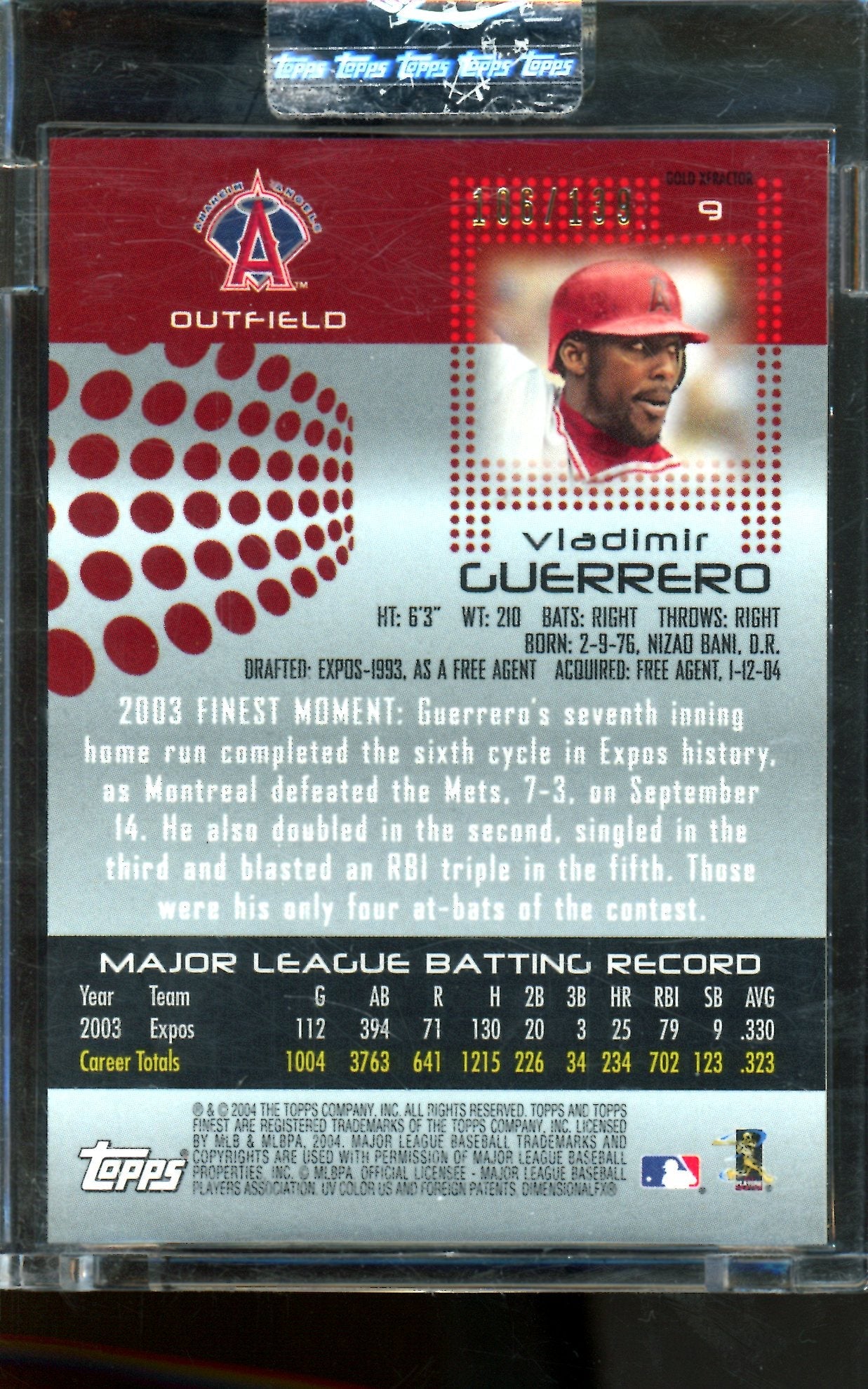 2004 Topps Finest Vladimir Guerrero Red/Gold X-Fractor /139 Uncirculated Angels - Image 2