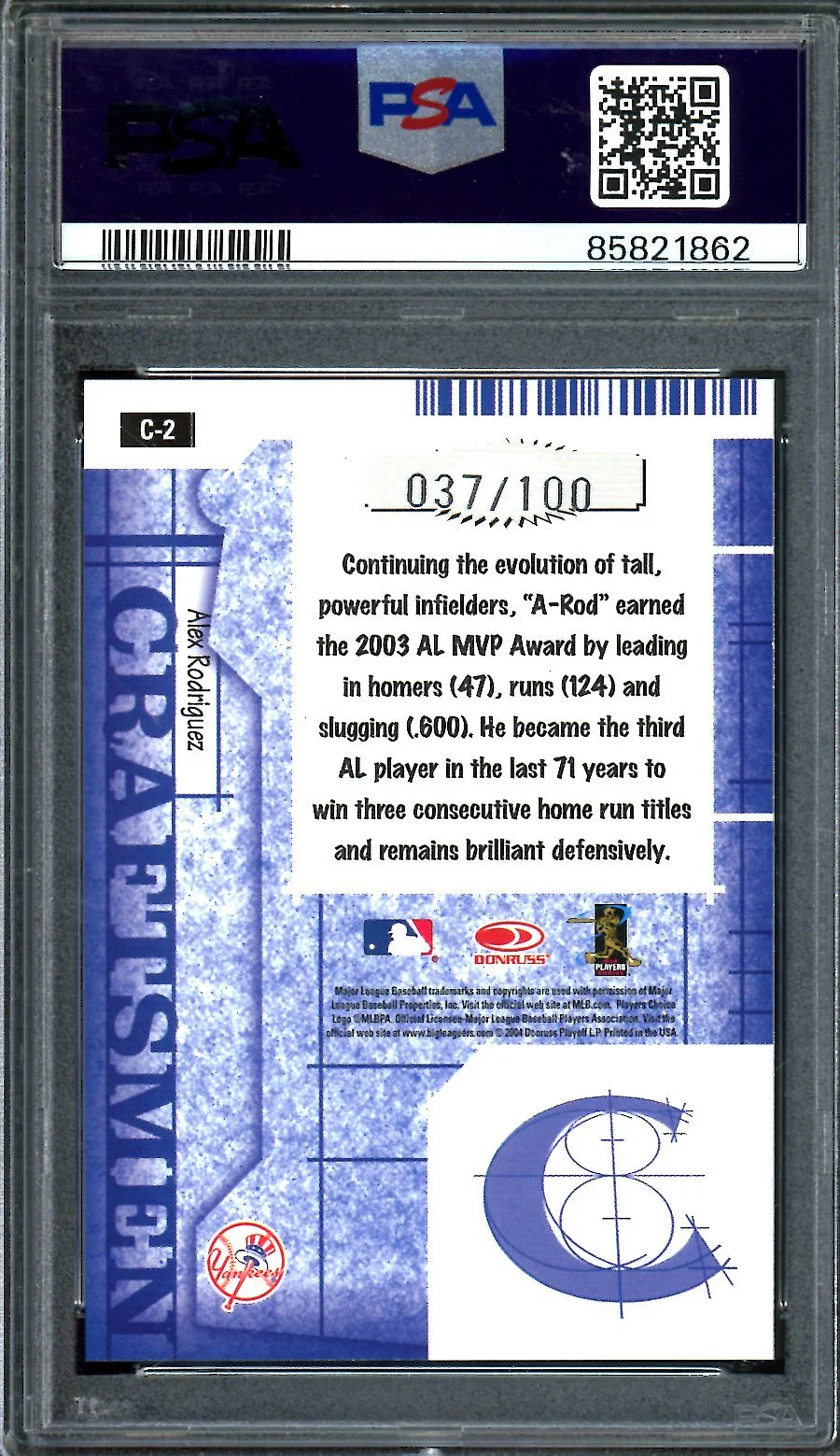 2005 Donruss Alex Rodriguez Craftsmen Black /100 PSA 10 Yankees - Image 2