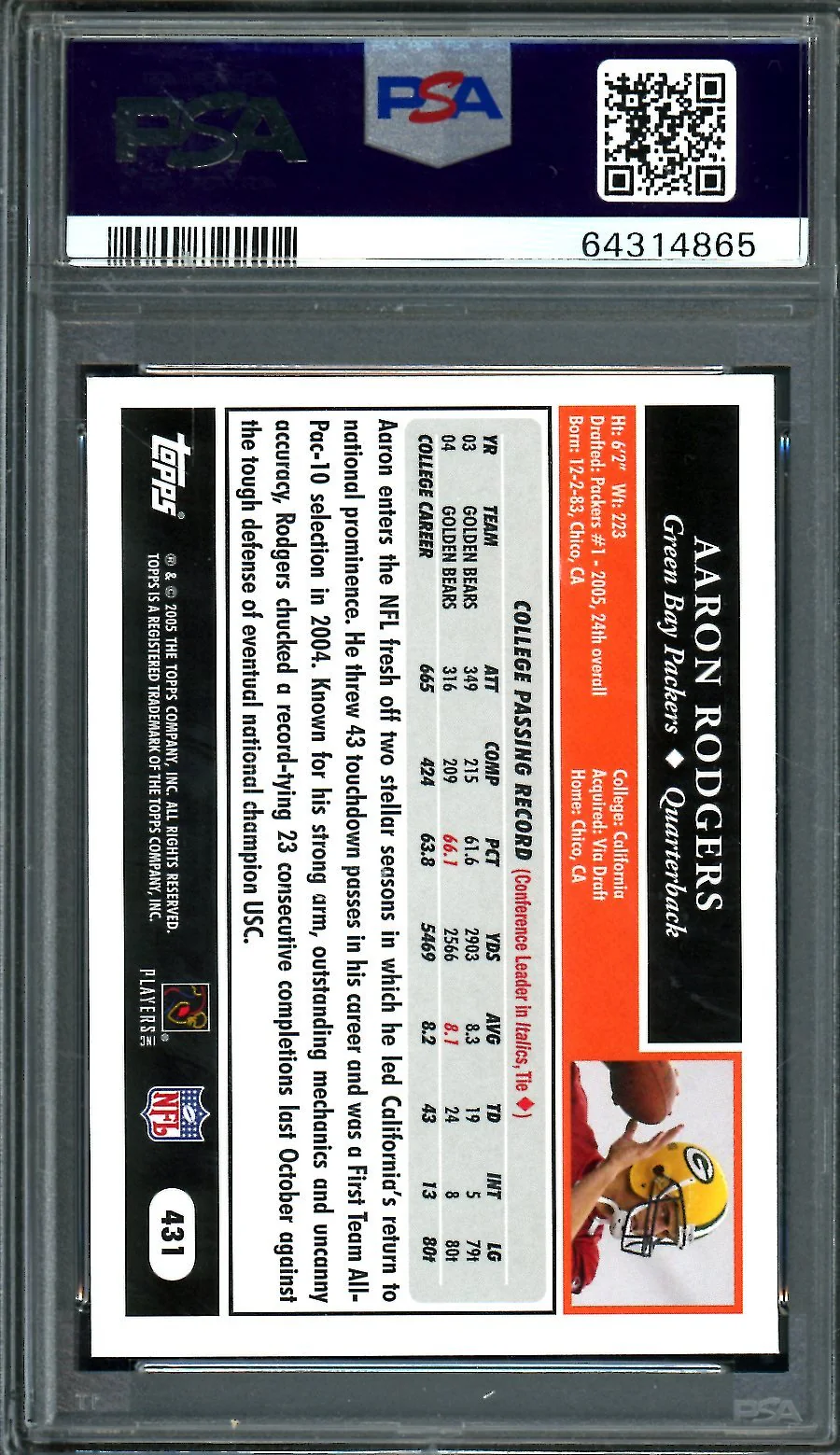2005 Topps Aaron Rodgers Rookie PSA 10 Packers - Image 2