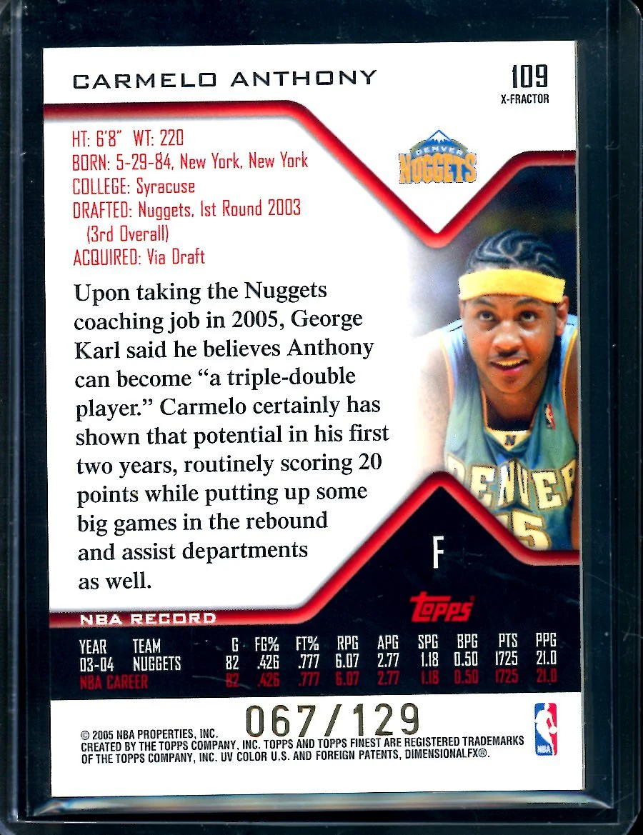 2005 Topps Finest Carmelo Anthony X-Fractor Game Worn Patch /129 Nuggets - Image 2