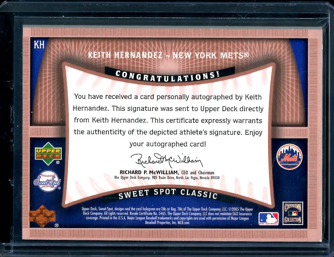 2005 Topps Sweet Spot Classic Kieth Hernandez Sweet Spot Signatures Mets - Image 2