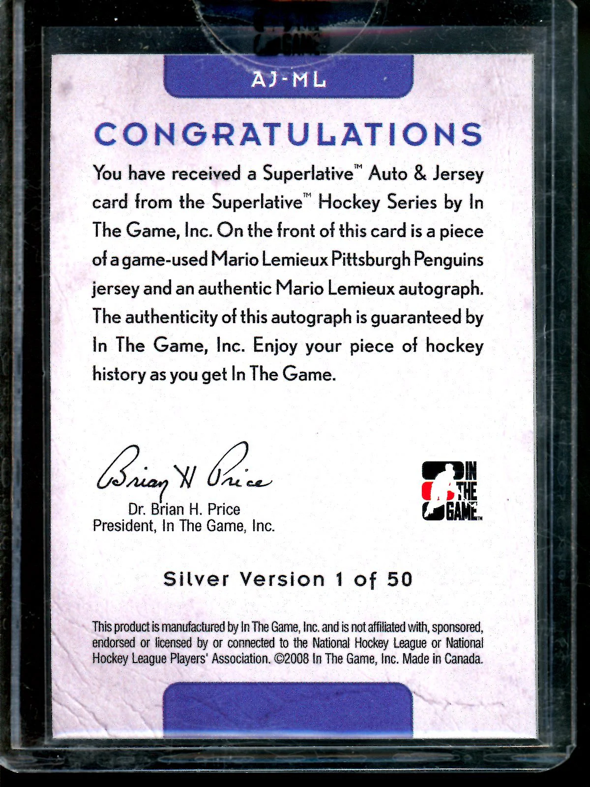 2008 In The Game Superlative Mario Lemieux Jersey Autograph Sealed 1 of 50 Penguins - Image 2