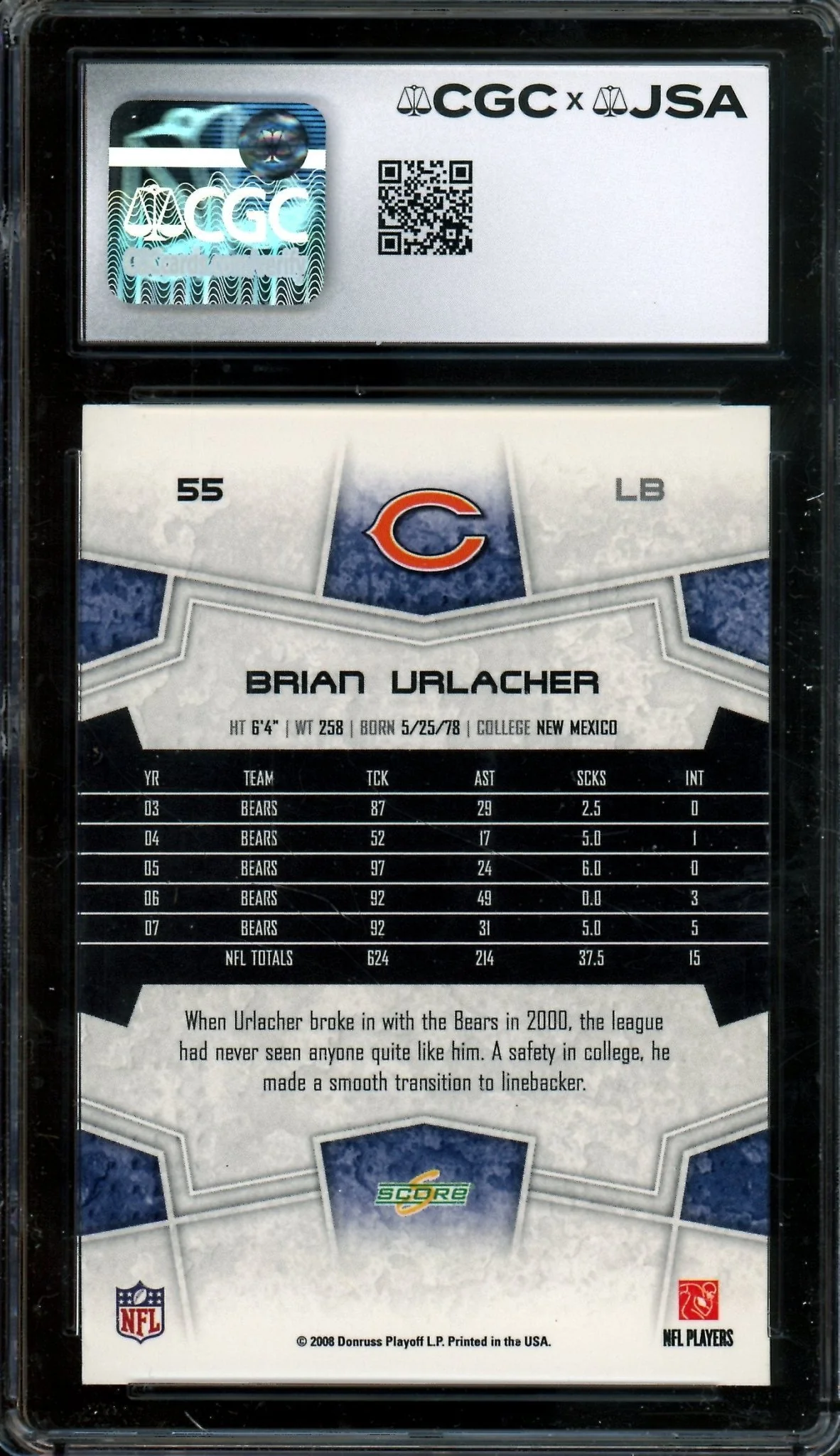 2008 Panini Score Brian Urlacher Authentic Autograph CGC Authentic - Image 2