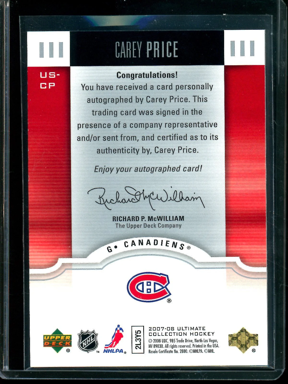 2008 Upper Deck Ultimate Collection Carey Price Rookie Autograph Canadiens - Image 2
