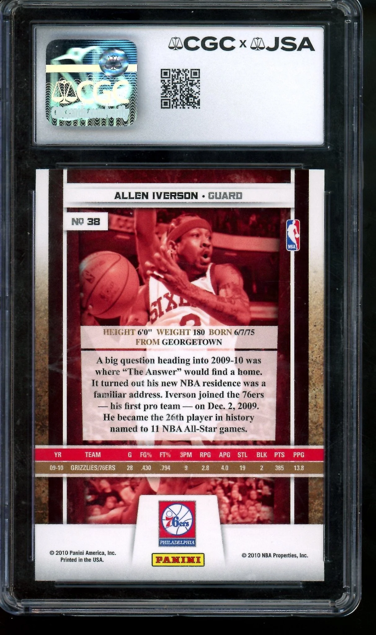 2009 Panini Season Update Allen Iverson Autograph Authentic CGC - Image 2