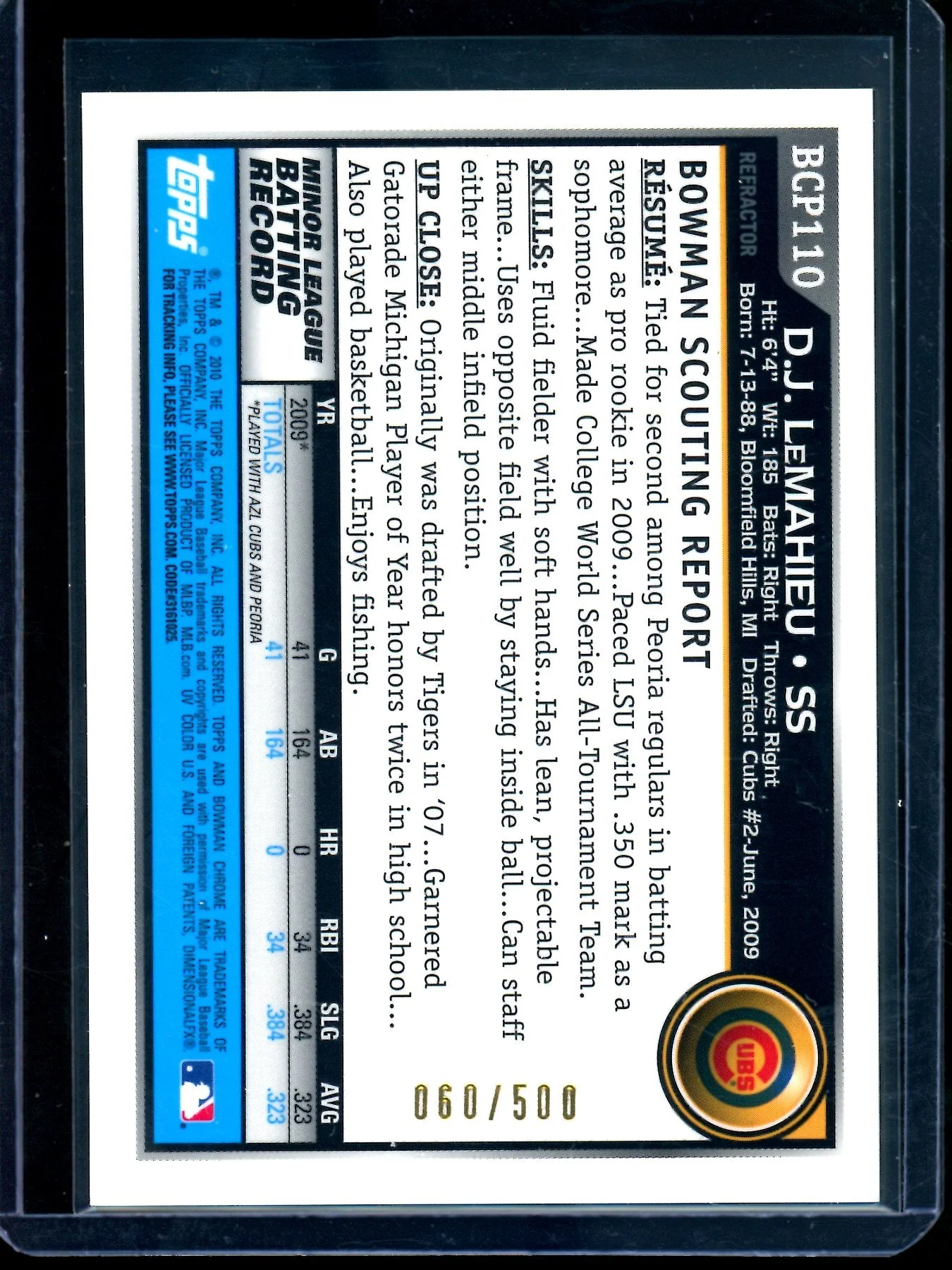 2010 Bowman Chrome DJ LeMahieu Refractor Autograph /500 Cubs / Yankees - Image 2