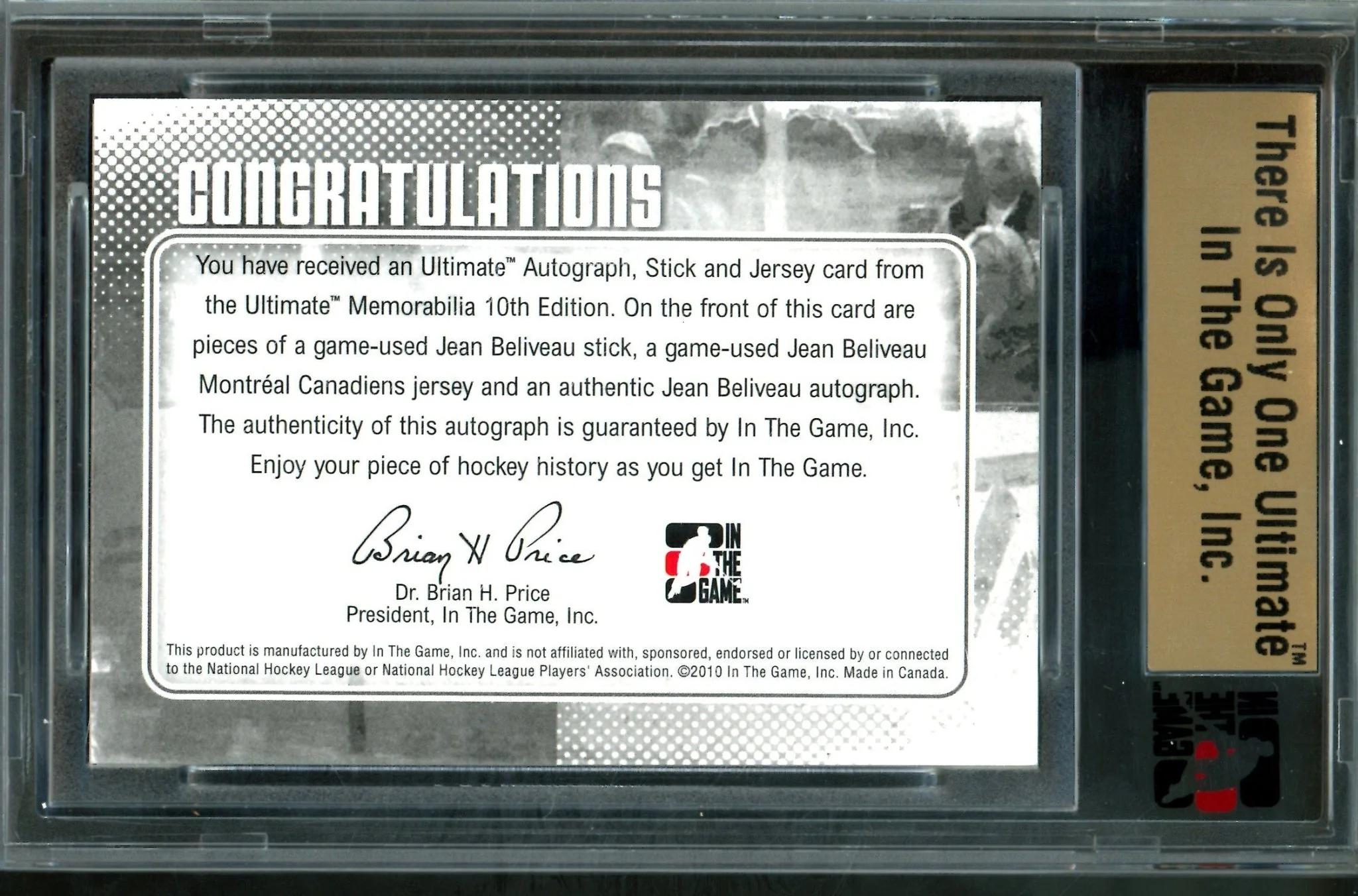 2010 In The Game Ultimate Jean Beliveau Autograph Stick and Jersey /19 Canadiens - Image 2