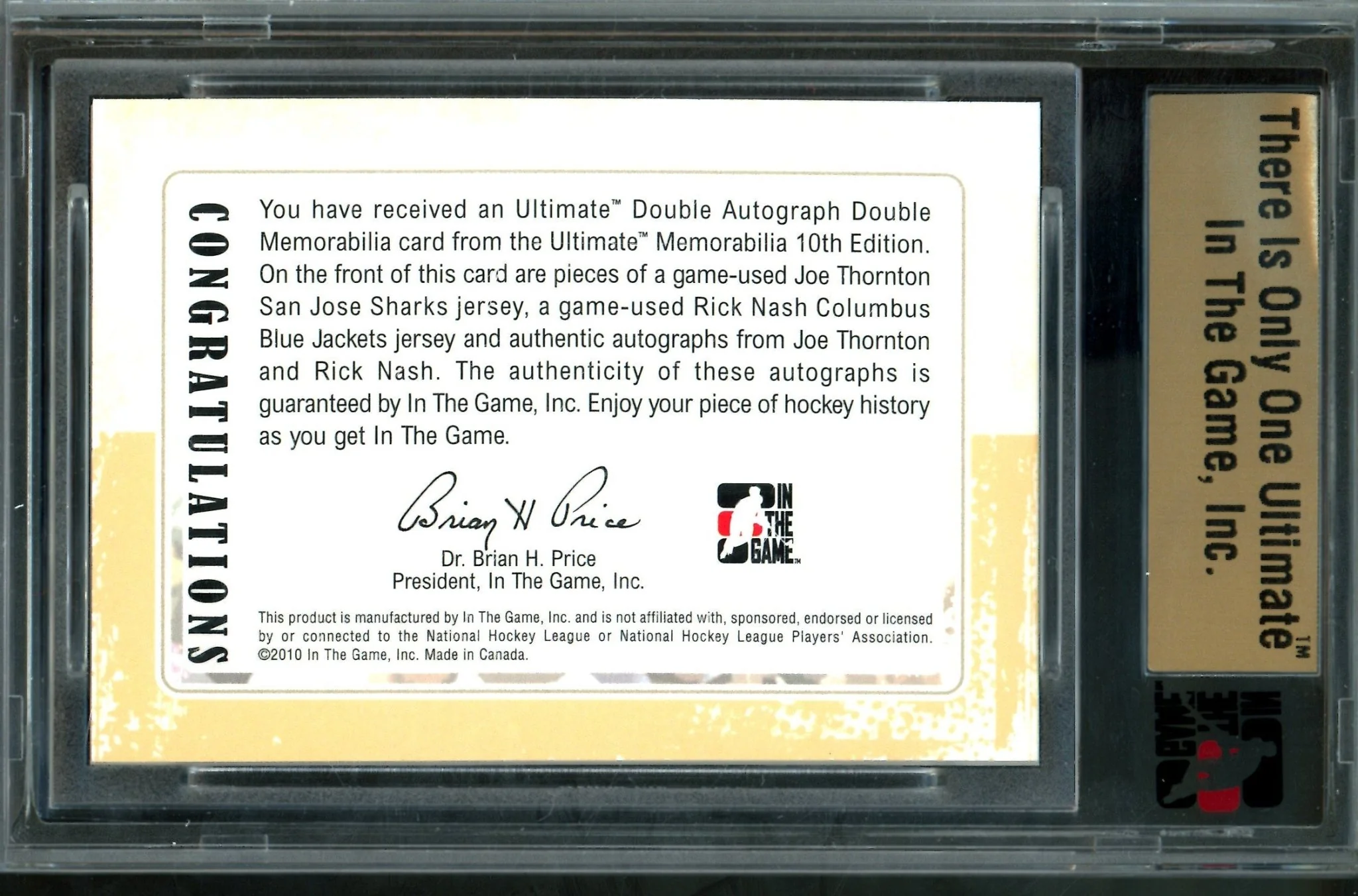 2010 In The Game Ultimate Joe Thornton / Rick Nash Double Autograph Memorabilia /19 - Image 2