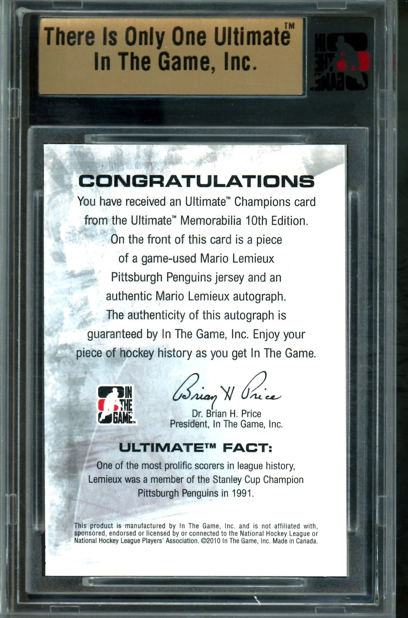 2010 In The Game Ultimate Mario Lemieux Champions Silver Patch Autograph /9 Penguins - Image 2