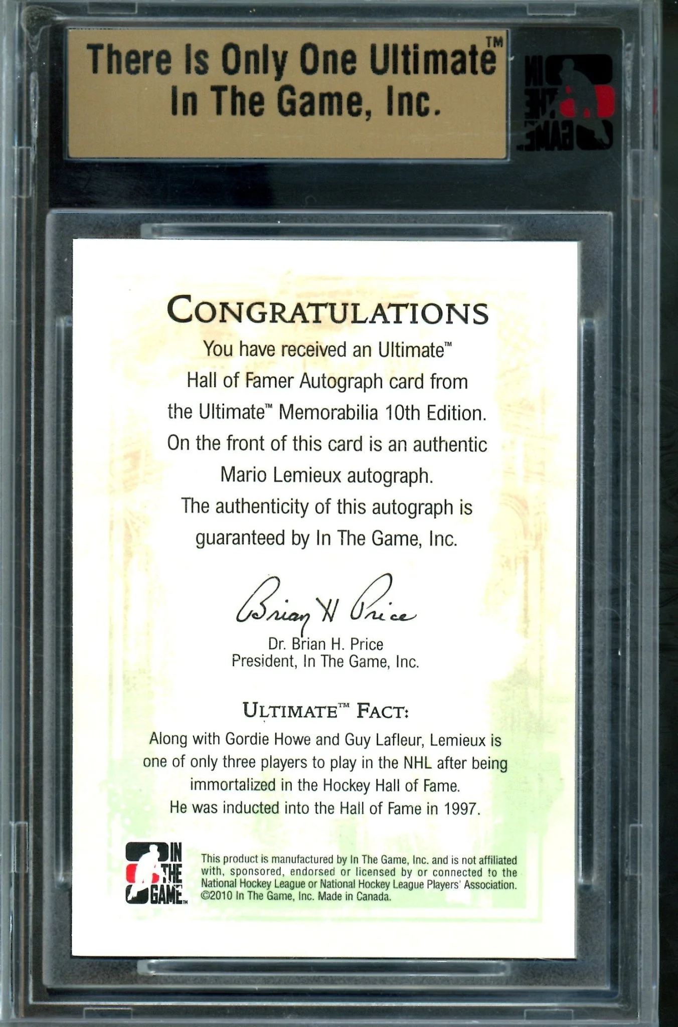 2010 In The Game Ultimate Mario Lemieux Hall of Famer Autograph Silver /9 Penguins - Image 2