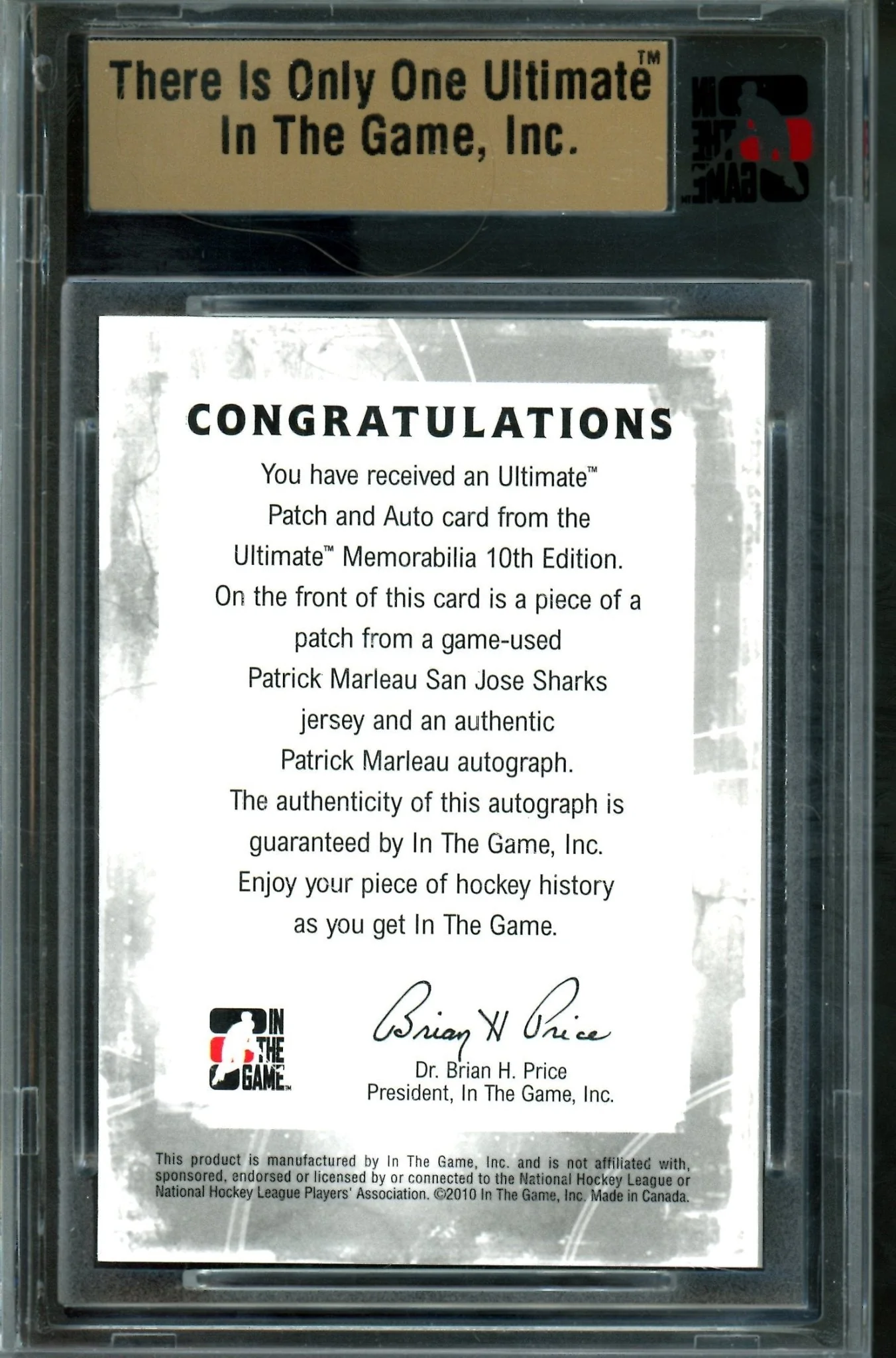 2010 In The Game Ultimate Patrick Marleau Patch and Autograph Silver /9 Sharks - Image 2