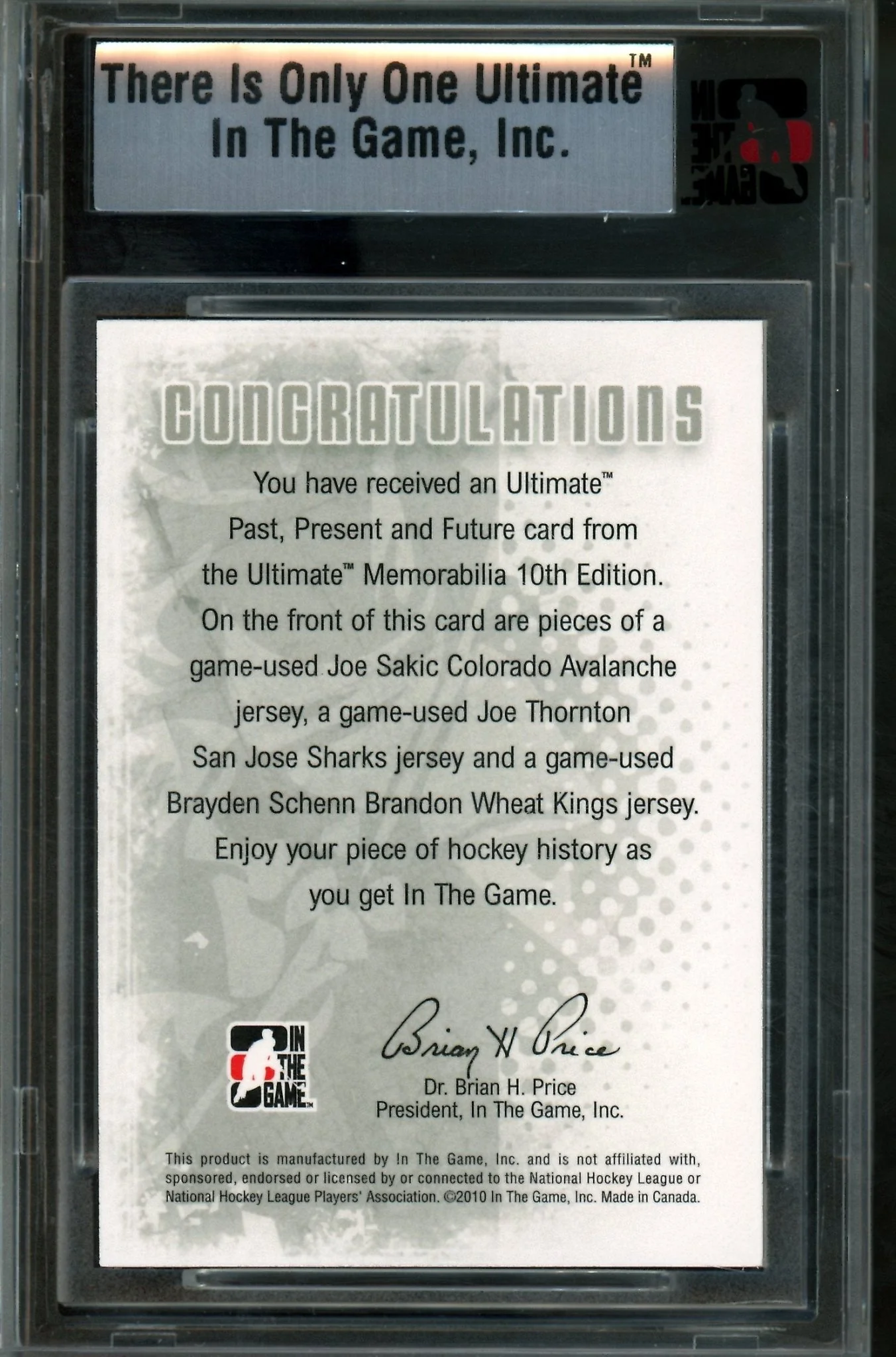 2010 In The Game Ultimate Sakic / Thornton / Schenn Past, Present, Future Silver Memorabilia /24 - Image 2
