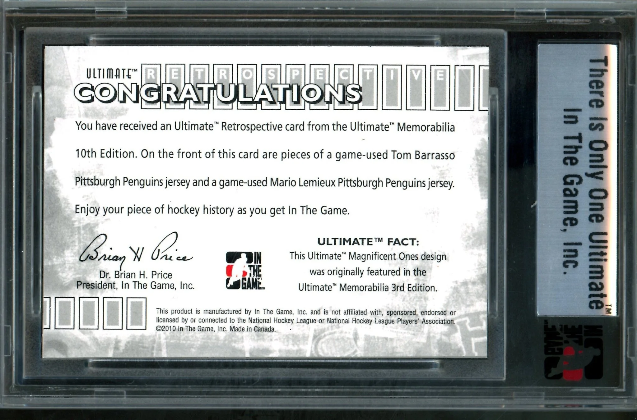2010 In The Game Ultimate Tom Barrasso / Mario Lemieux Retrospective Silver Memorabilia /9 Penguins - Image 2