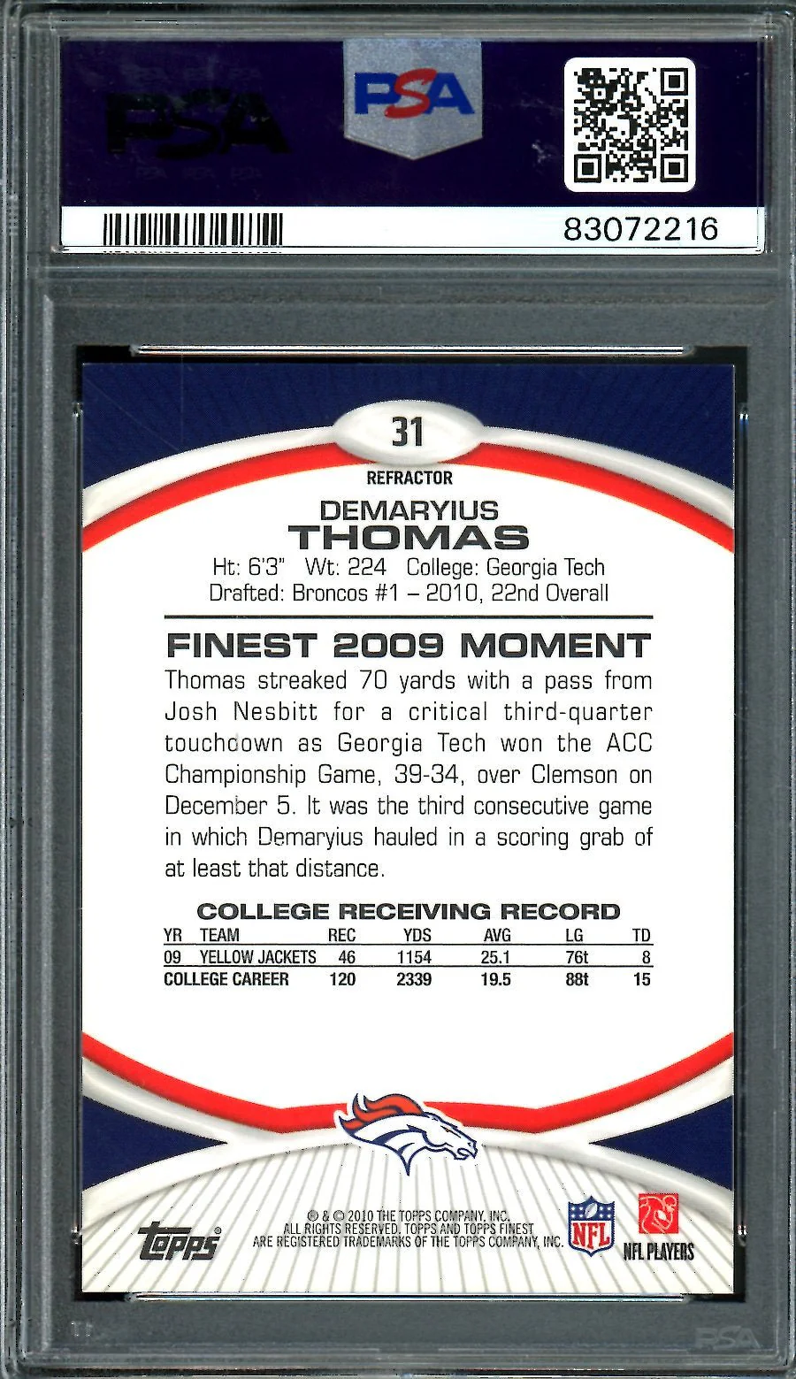 2010 Topps Finest Demaryius Thomas Rookie Xfractor PSA 9 Broncos - Image 2