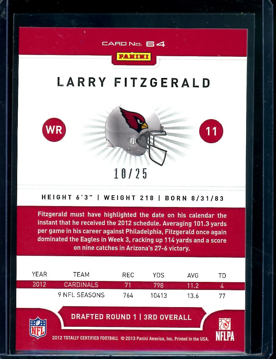 2012 Panini Totally Certified Larry Fitzgerald Platinum Gold /25 Cardinals - Image 2