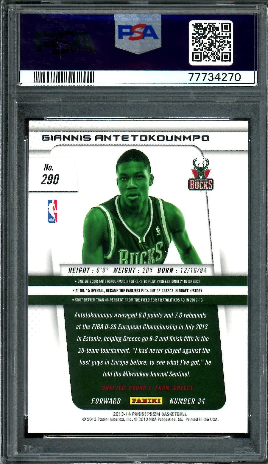 2013-14 Panini Prizm Giannis Antetokounmpo Rookie PSA 9 Bucks - Image 2