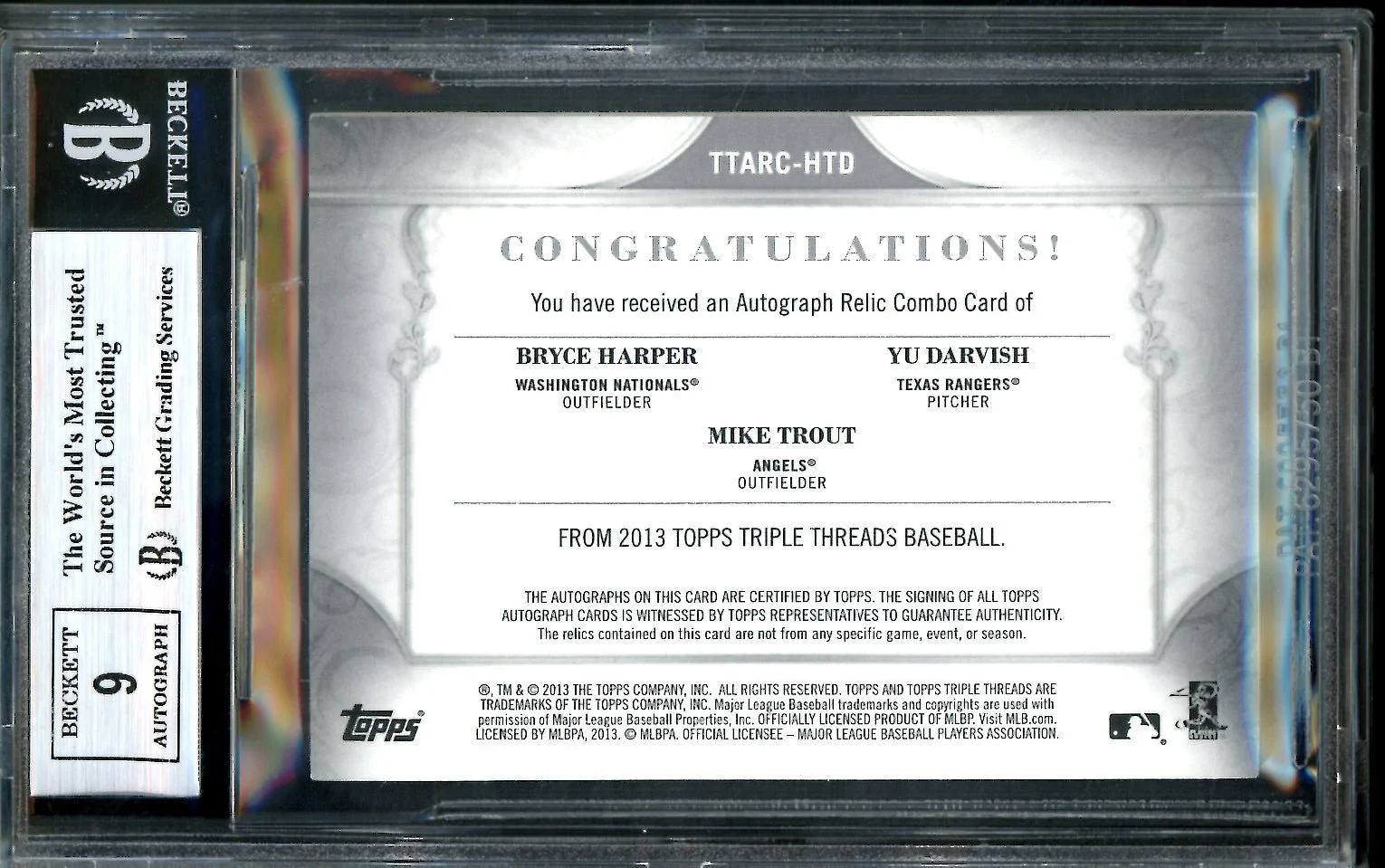 2013 Topps Triple Threads Bryce Harper/Mike Trout/Yu Darvish Triple Patch Auto /36 - Image 2
