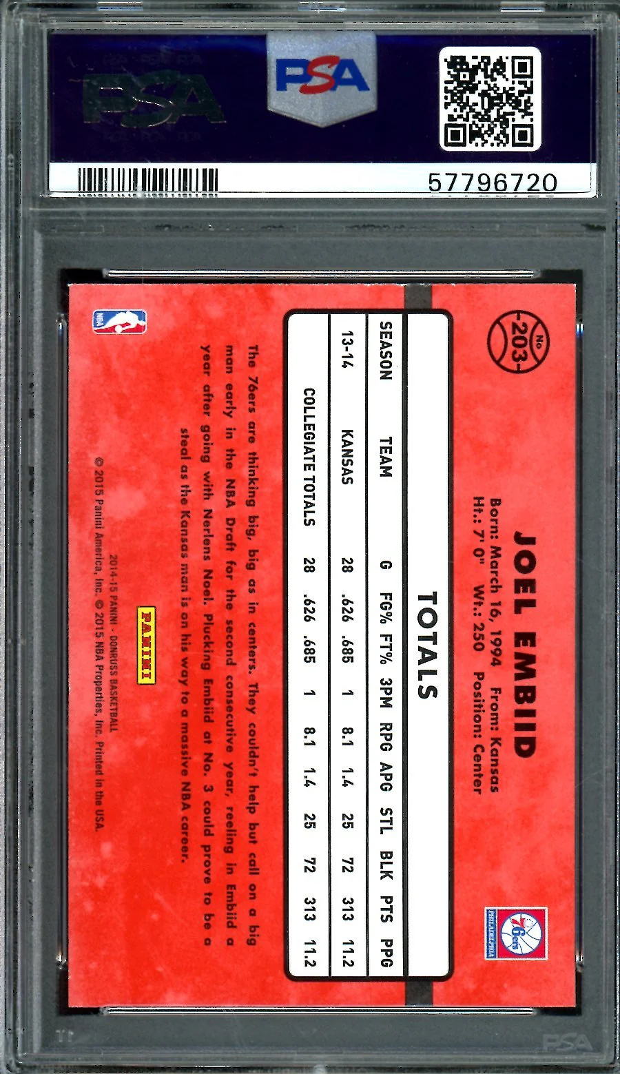 2014-15 Panini Donruss Joel Embiid Rated Rookie PSA 9 76ers - Image 2