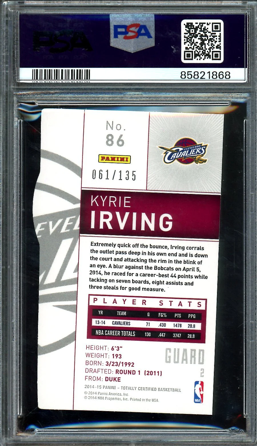 2014/15 Panini Totally Certified Kyrie Irving Mirror Red /135 PSA 8 Cavaliers - Image 2