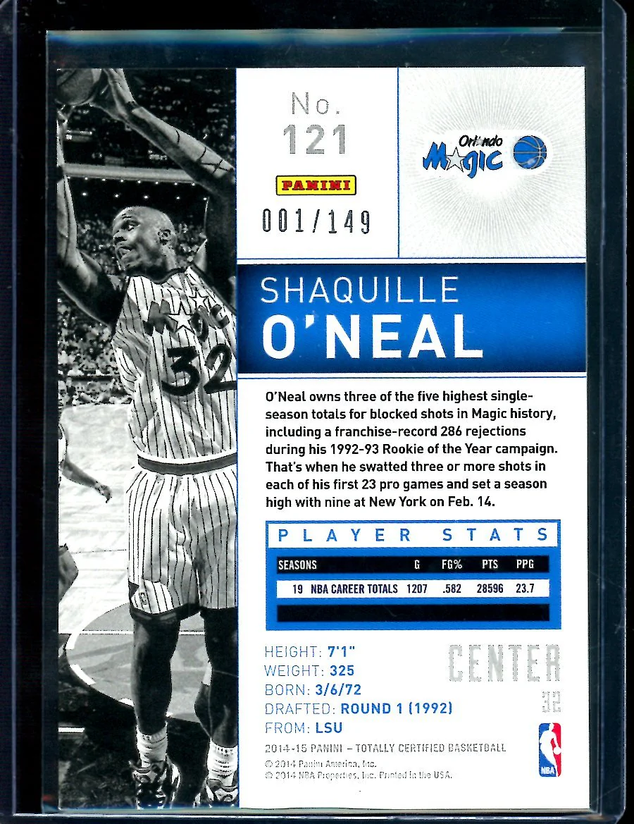 2014/15 Panini Totally Certified Shaquille O'Neal Blue 001/149 Magic - Image 2