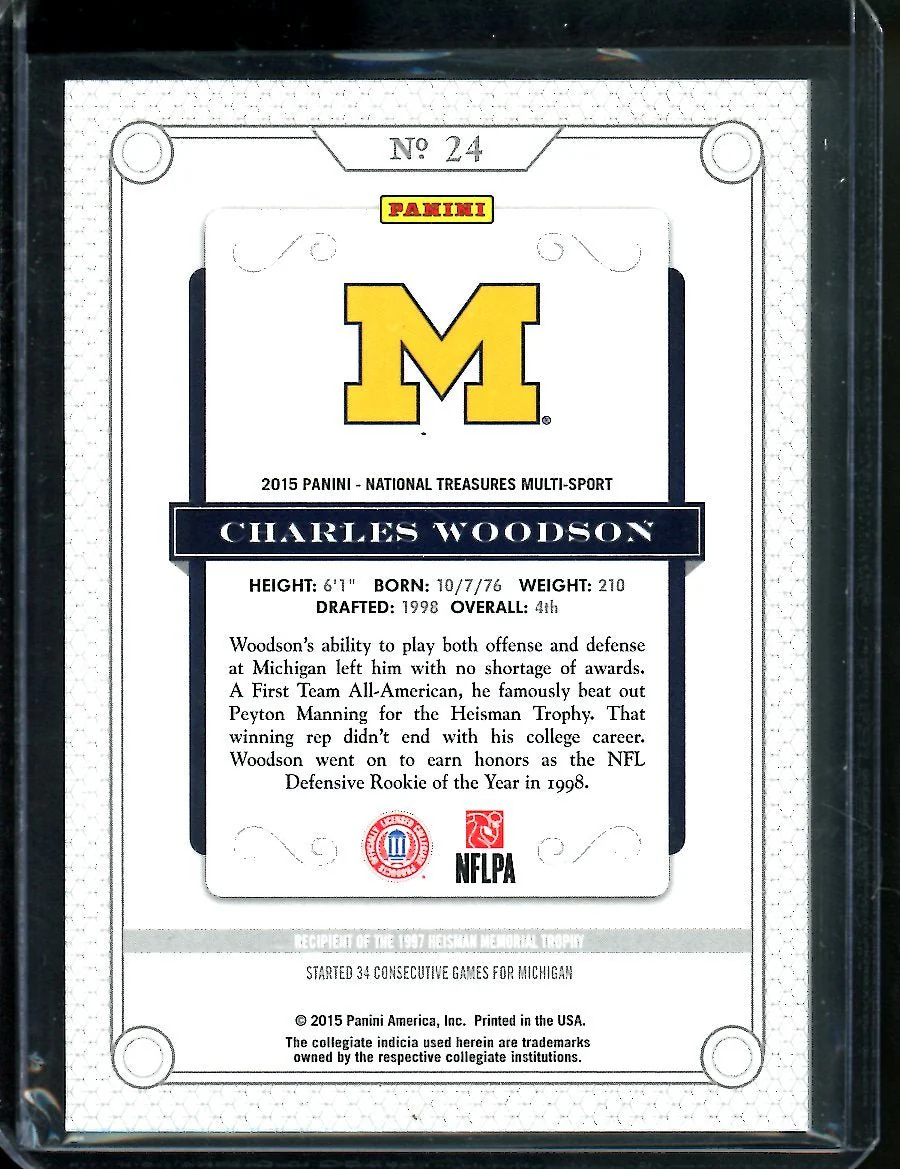 2015 Panini National Treasures Collegiate Charles Woodson Gold /10 Michigan - Image 2