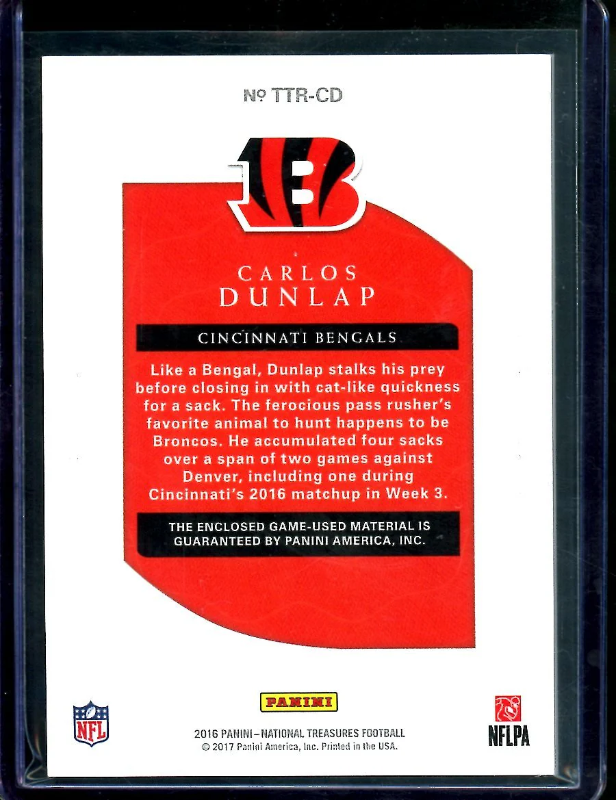 2016 Panini National Treasures Carlos Dunlap Tremendous Treasures Patch /99 Bengals - Image 2