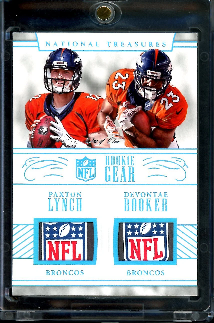 2016 Panini National Treasures Paxton Lynch/De'Vonte Booker Rookie Gear NFL Shield Patch 1/1 Broncos