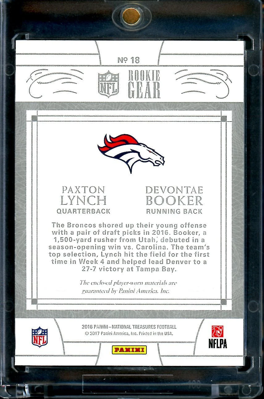 2016 Panini National Treasures Paxton Lynch/De'Vonte Booker Rookie Gear NFL Shield Patch 1/1 Broncos - Image 2