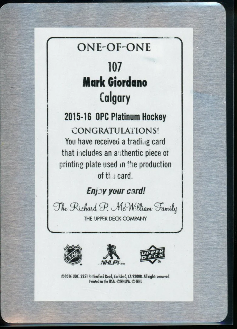 2016 Upper Deck O-Pee-Chee Platinum Mark Giordano Printing Plate 1/1 Flames - Image 2
