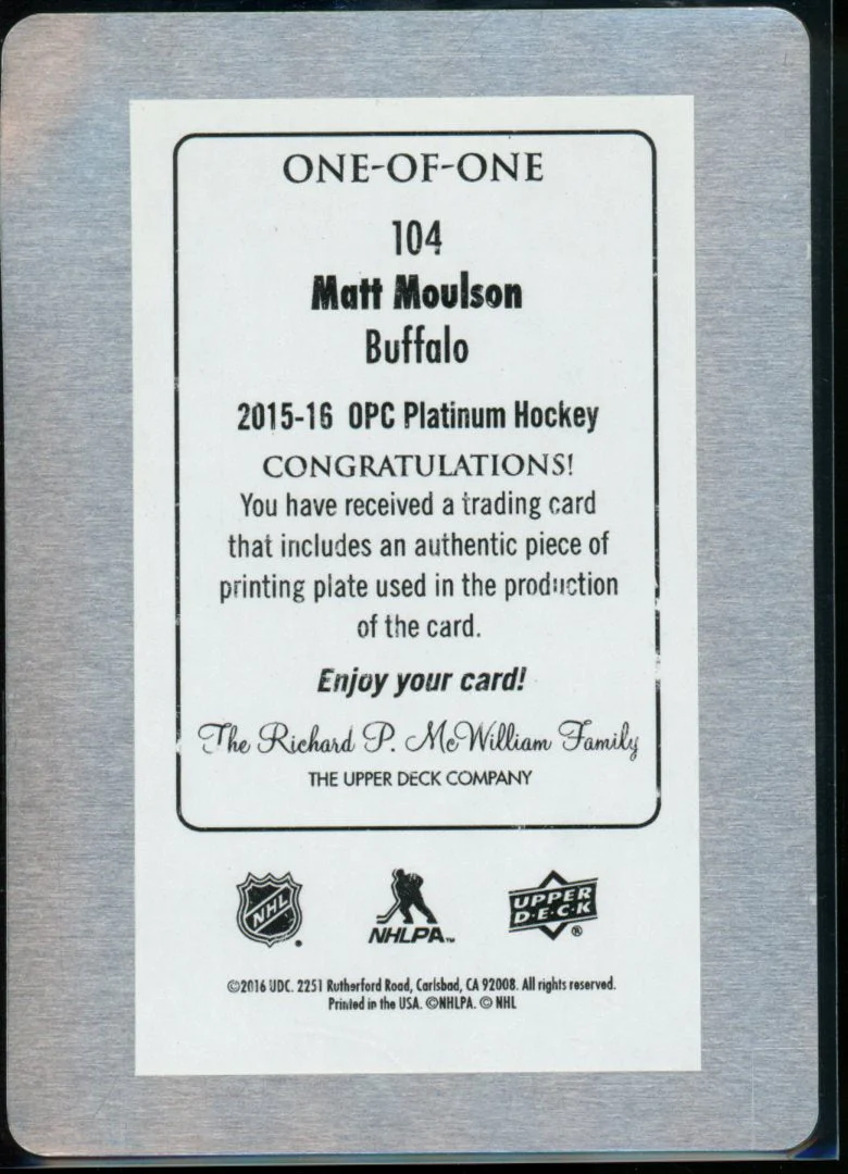 2016 Upper Deck O-Pee-Chee Platinum Matt Moulson Printing Plate 1/1 Sabres - Image 2