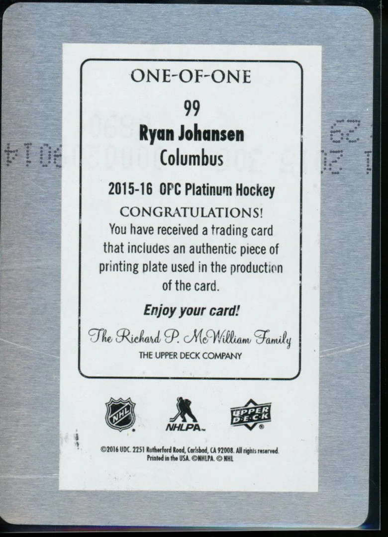 2016 Upper Deck O-Pee-Chee Platinum Ryan Johansen Printing Plate 1/1 Blue Jackets - Image 2