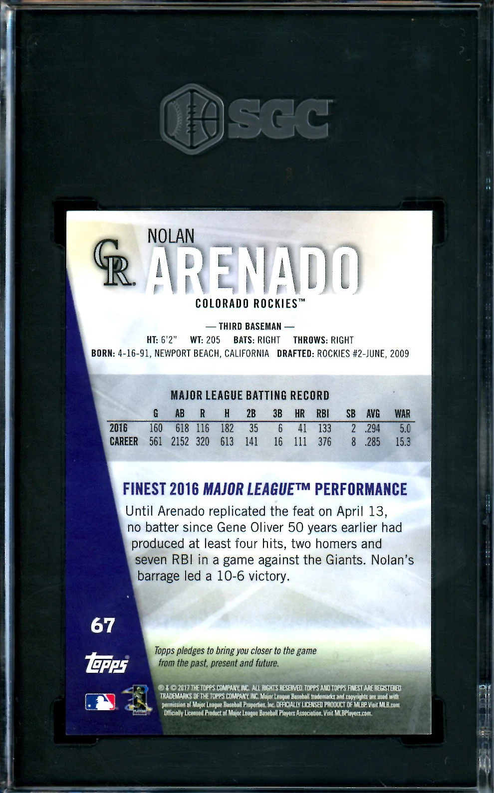 2017 Topps Finest Nolan Arenado Gold Refractor /50 SGC 10 Cardinals - Image 2