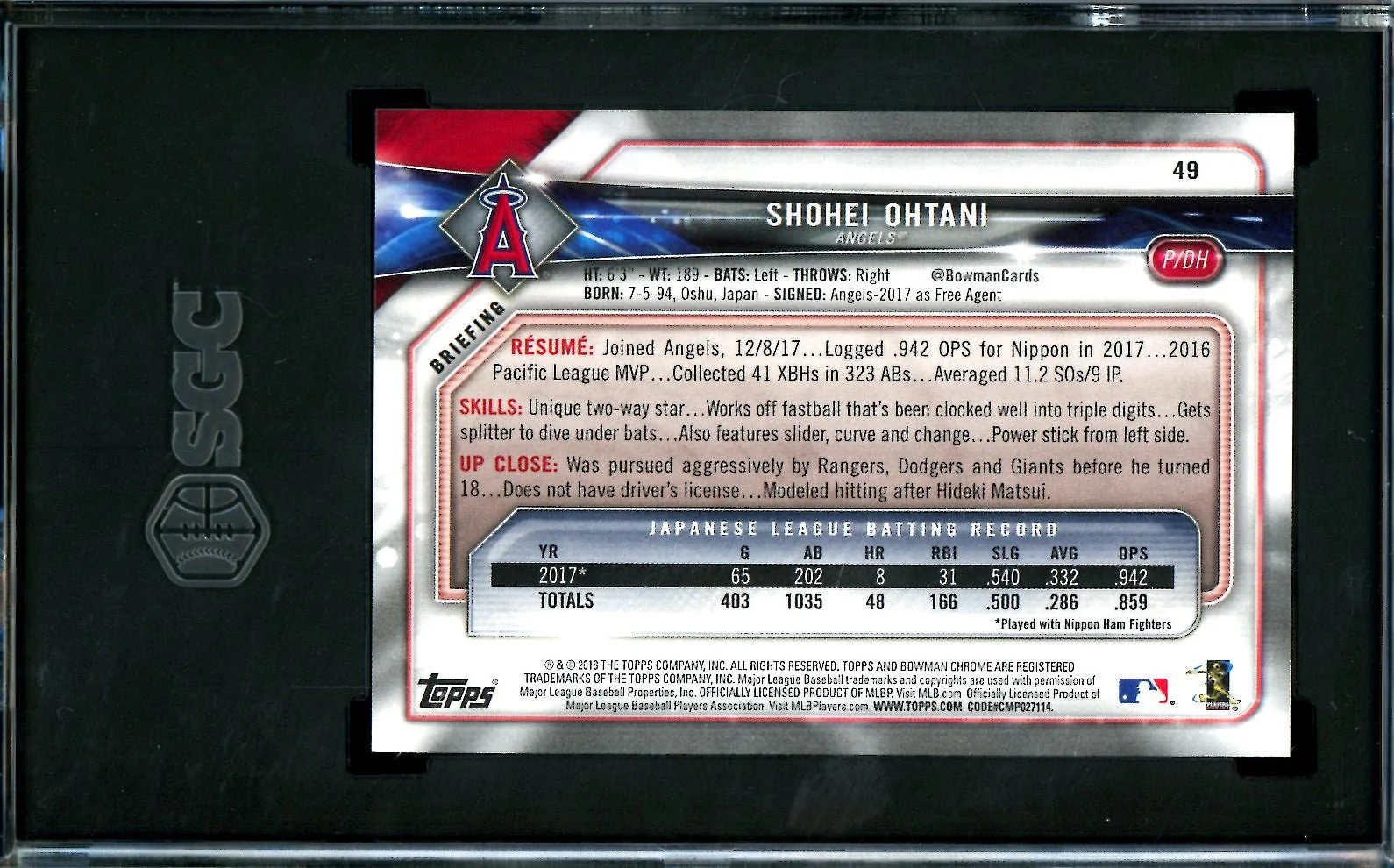 2018 Bowman Shohei Ohtani Rookie SGC 10 Angels - Image 2