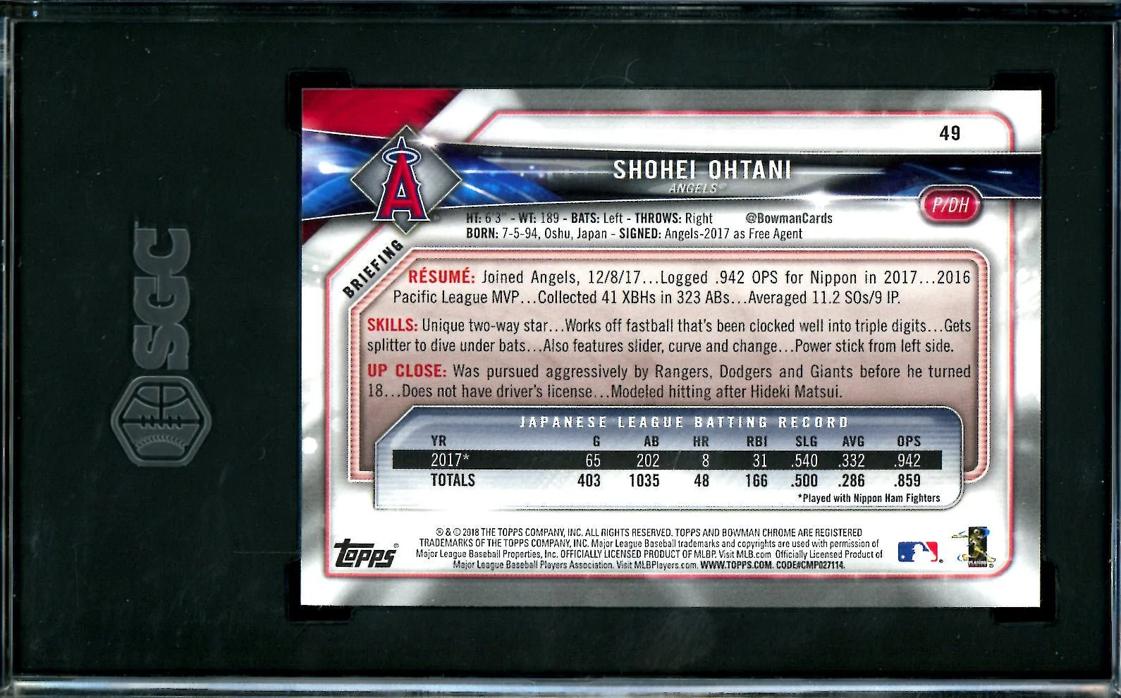 2018 Bowman Shohei Ohtani Rookie SGC 9.5 Angels - Image 2
